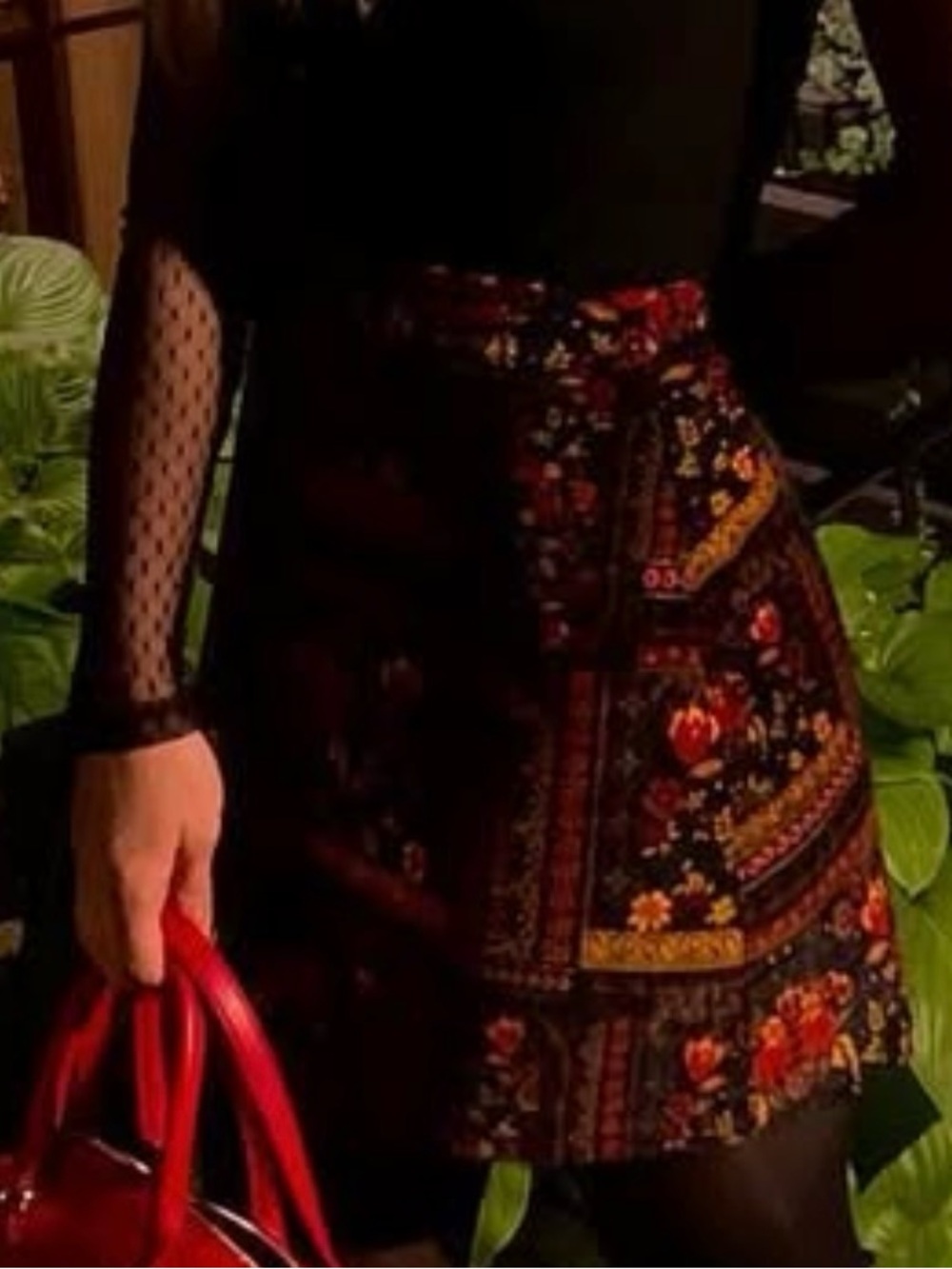 H&M Black A-Line Skirt with Red and Gold Floral Print